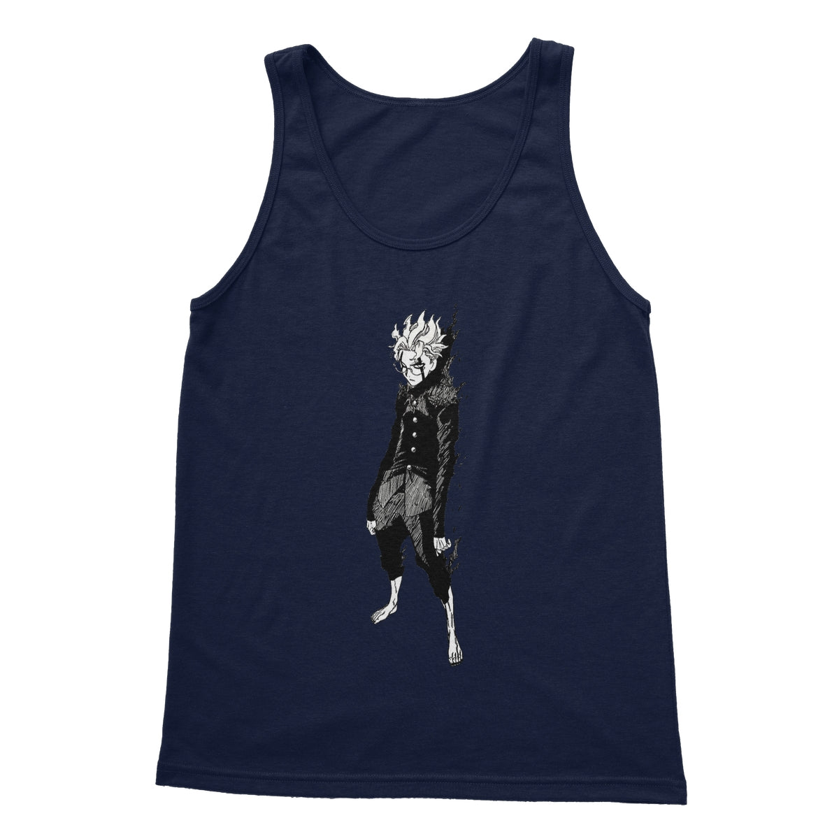 Dandadan: Turbo Granny Transformation Black & White Softstyle Tank Top Apparel Prodigi S Navy